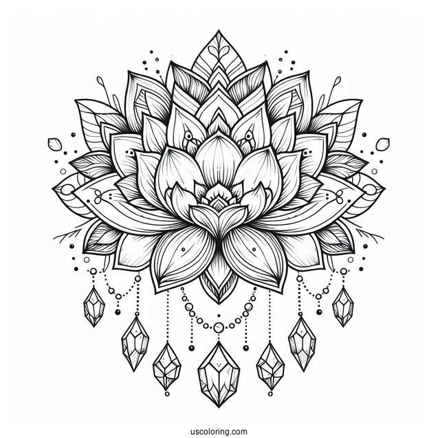Lotus Flower Mandala Coloring Page With Hanging Crystals