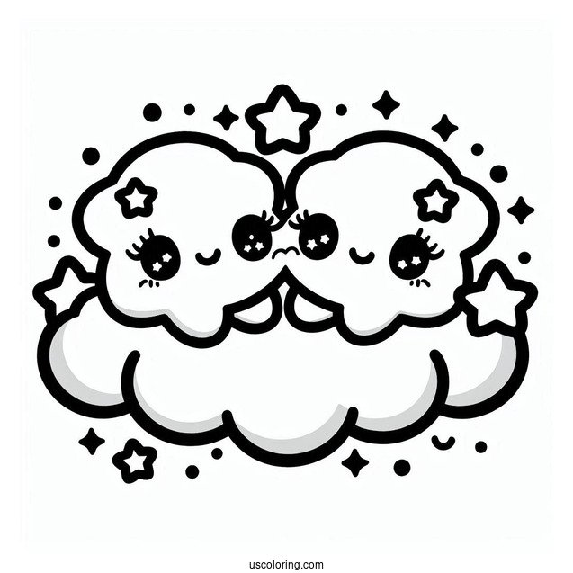 Kawaii Little Twin Stars On A Cloud Coloring Sheet