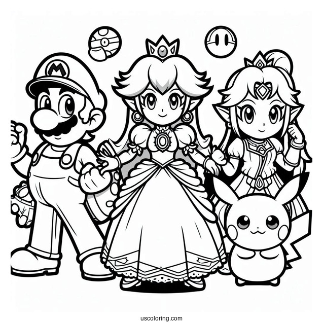 Mario, Zelda, Princess Peach, And Pokemon Super Smash Bros Coloring Page