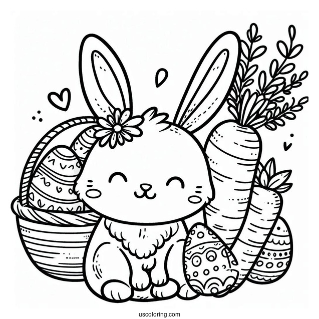 Happy Easter Coloring Page Bunny Ears, Eggs, And Carrot