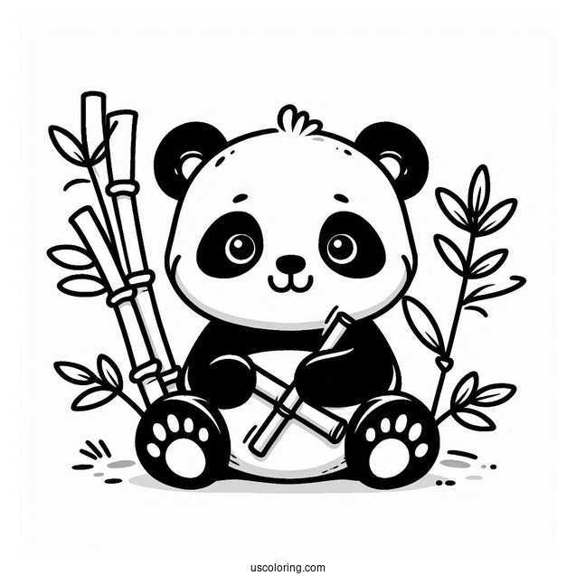 Cute Outline Of Panda With Bamboo
