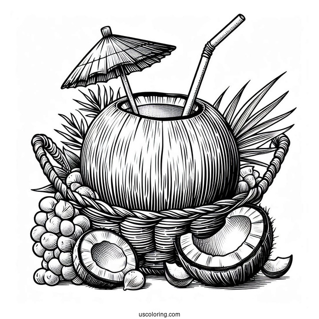 Coconut Coloring Page Juice With Straw On Top Of Fruit Baskets