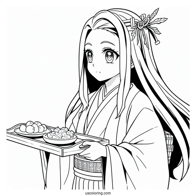 Nezuko Coloring Page And Muichiro Carring Tray Of Food