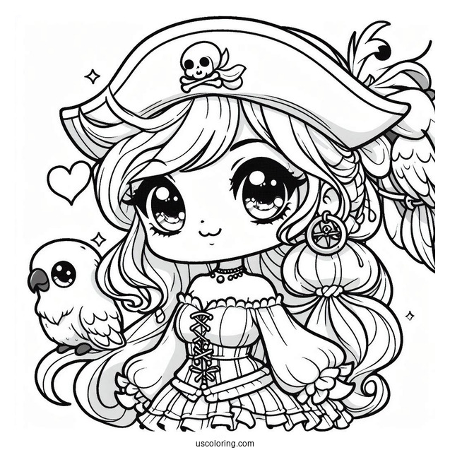 Kawaii Female Pirate Coloring Page With A Parrot For Preschoolers