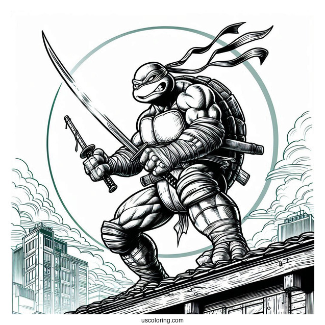 Ninja Turtles Coloring Page Of Angry Raphael Holding Sword On Rooftop