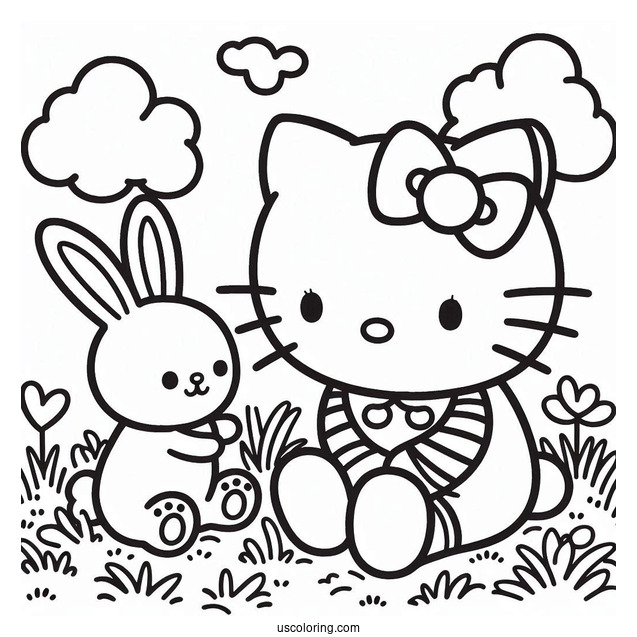 Hello Kitty Sitting On The Grass With A Rabbit Coloring Page For Kids