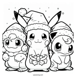 Pokemon Christmas Coloring Page Pikachu, Jigglypuff, Charmander, And Bulbasaur Wearing Santa Hat