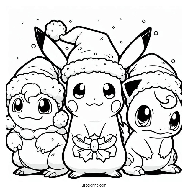 Pokemon Christmas Coloring Page Pikachu, Jigglypuff, Charmander, And Bulbasaur Wearing Santa Hat