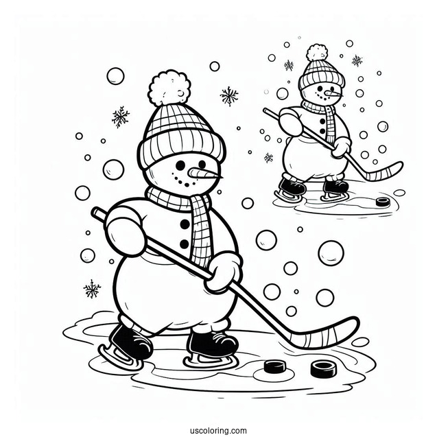 Coloring Sheet Of a Snowman Playing Ice Hockey