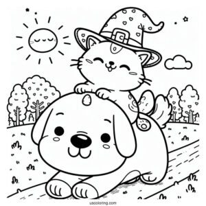 Smiling Critters Coloring Page Of DogDay Riding CatNap's Back