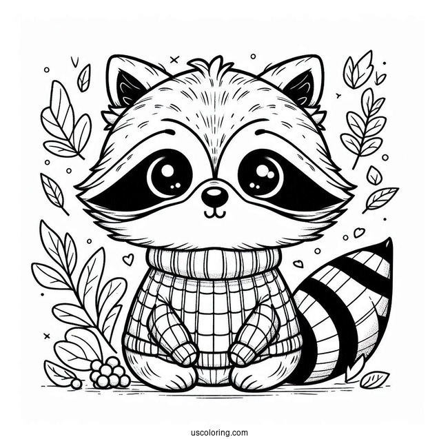 Cute Raccoon Coloring Page In A Sweater In Fall