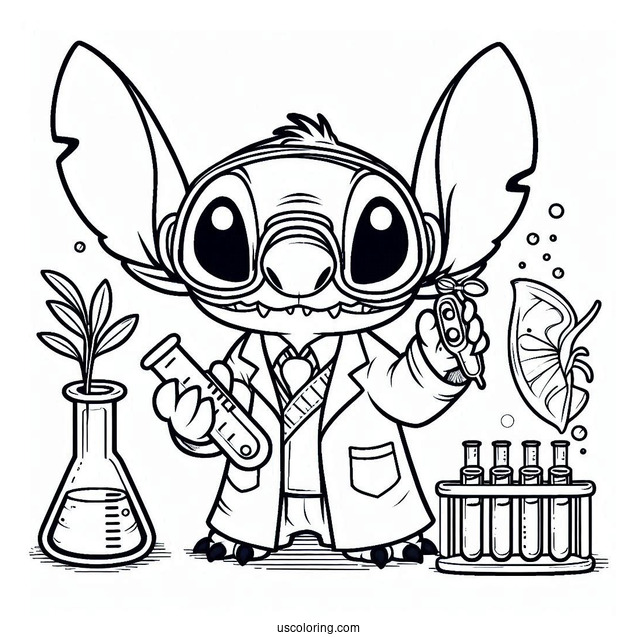Science Coloring Page Of Mad Scientist Stitch With Goggles And Test Tube For Kids