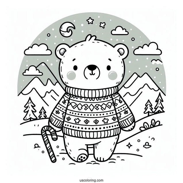 Polar Bear In A Sweater Going To The North Pole Coloring Page