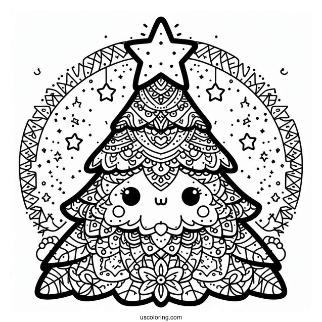 Christmas Mandala Coloring Page Of Kawaii Christmas Tree With Large Star Mandala For Kids