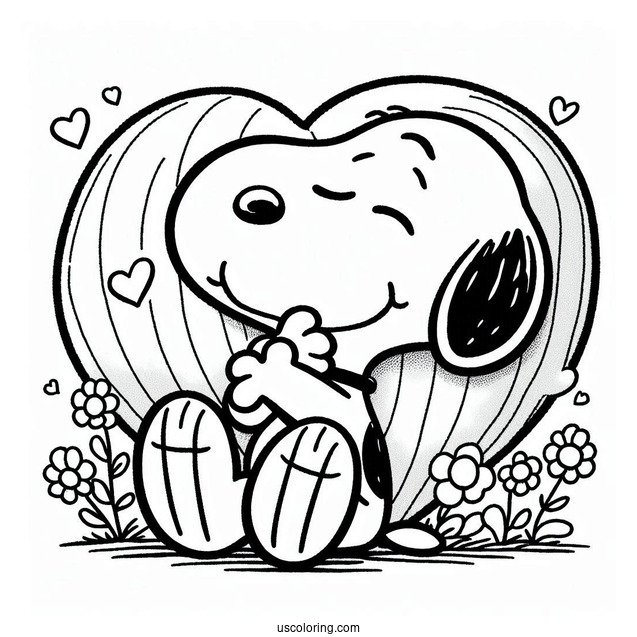 Snoopy Hugging a Big Love Heart To Color