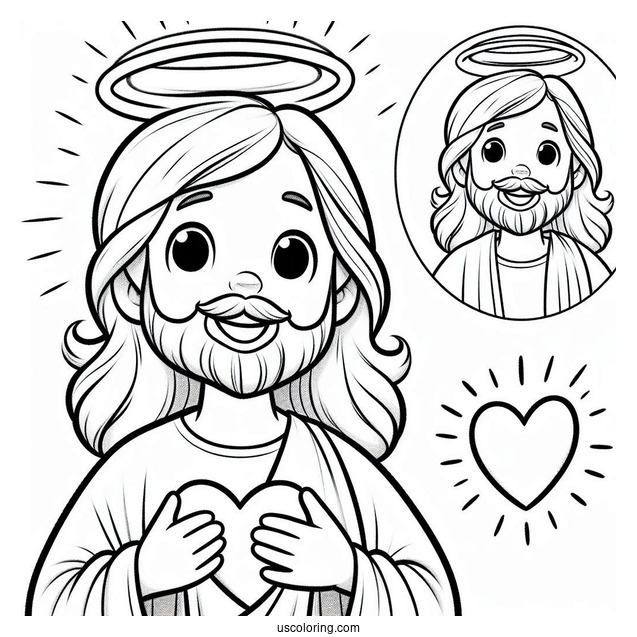 Smiling Jesus Coloring Pages With A Halo Holding A Love Heart For Preschoolers
