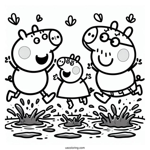 Peppa Pig Family Jumping In Mud Coloring Page