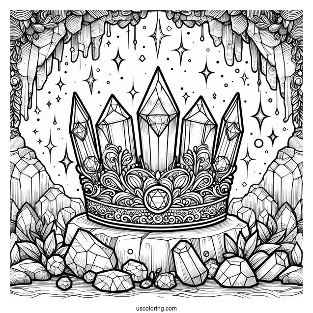 Crystal Crown Coloring Page in a Glittering Gemstone Cave