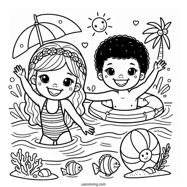 Kids Swimming At The Beach Coloring Page