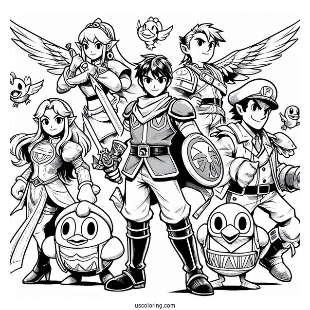 Super Smash Bros Coloring Page Of Captain Falcon, Lucina, Villager, Richter, King Dedede