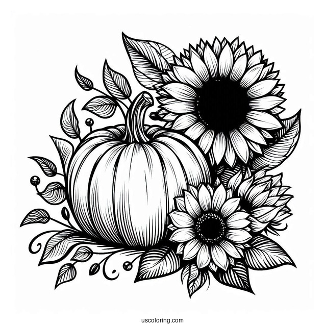 Pumpkin Coloring Page Of Sunflowers, And Leaves