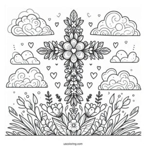 Floral Cross Coloring Page With Clouds In The Sky And Love Hearts