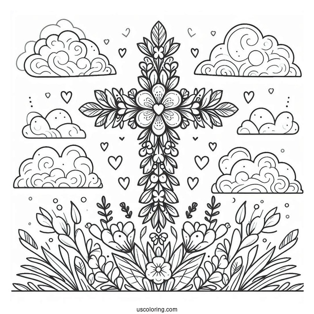 Floral Cross Coloring Page With Clouds In The Sky And Love Hearts