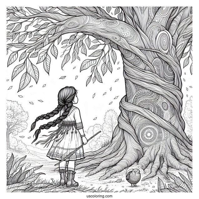 Realistic Native American Coloring Page Girl Standing Under Huge Tree
