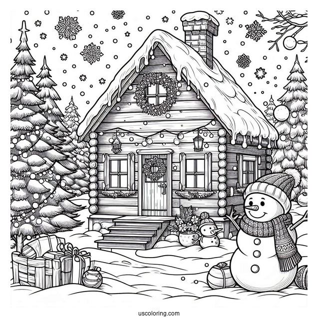 Christmas Coloring Pages For Adults Of Realistic Cabin In Winter With Snowman Outside Coloring Sheet