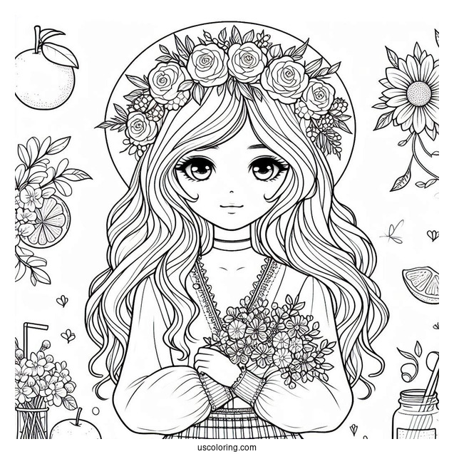 Cute Coloring Page Fashionable Women Holding Flowers And Fruits
