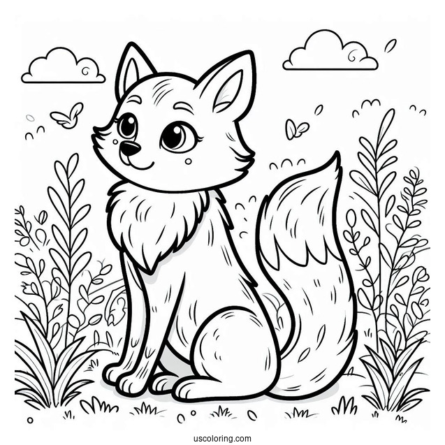 Cartoon Fox Coloring Page Sitting On The Grass