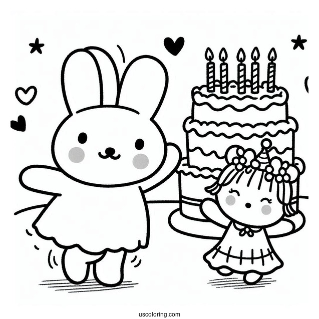 Miffy Coloring Page Of Melanie, And Poppy Pig Dancing In Front Of Birthday Cake
