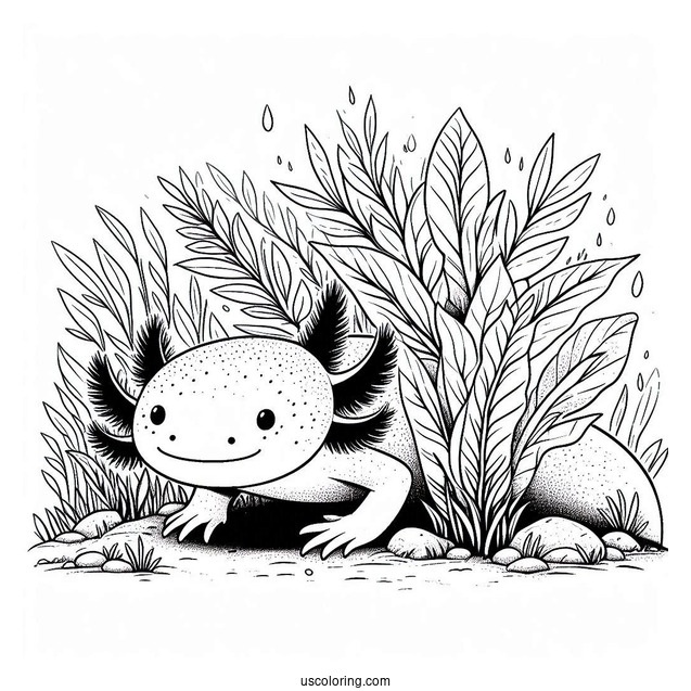 Axolotl Coloring Page Hiding Behind Vegetation