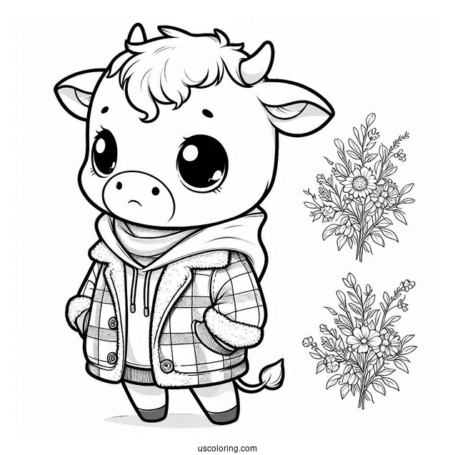 Cute Baby Cow Wearing A Jacket Coloring Pictute