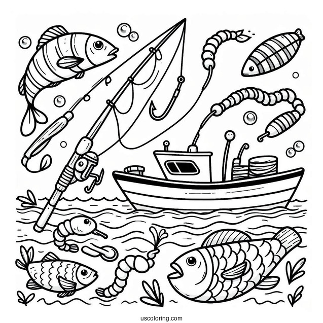 Fishing Coloring Page Rods, Bobber, Hook, Fishes, Worm, And Boat