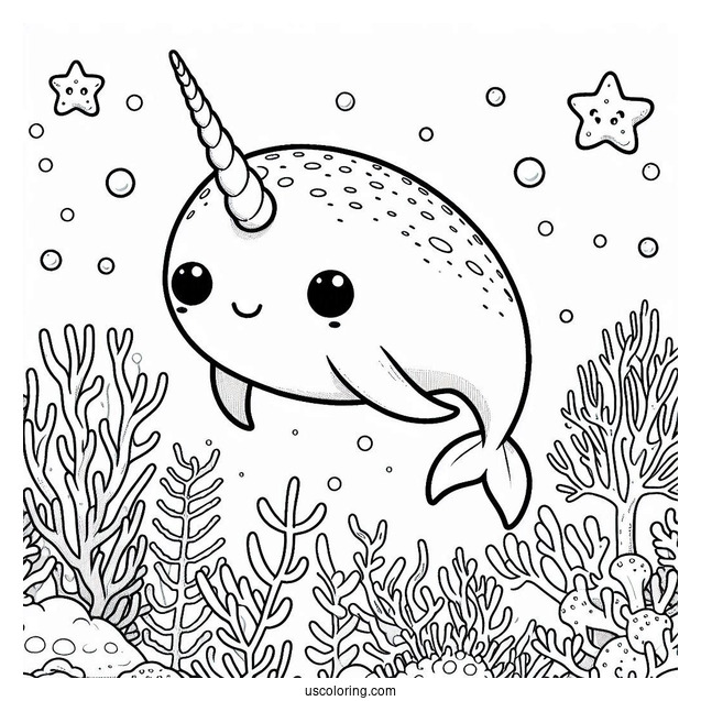 Cute Narwhal Coloring Page Swimming In A Coral Reef For Kids