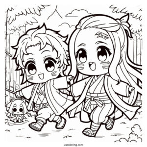 Chibi Tanjiro And Nezuko coloring Page Playing Outdoors For Kids