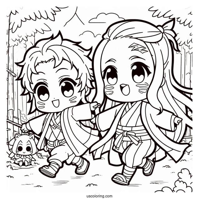 Chibi Tanjiro And Nezuko coloring Page Playing Outdoors For Kids