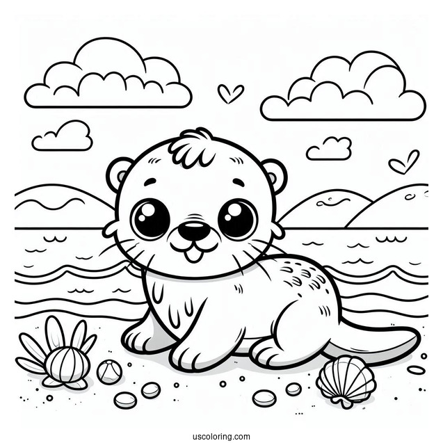 Cute Cartoon Otter Coloring Page On The Beach For Preschoolers