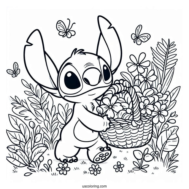 Stitch Carrying A Basket Of Flowers In Spring Coloring Page For Kids