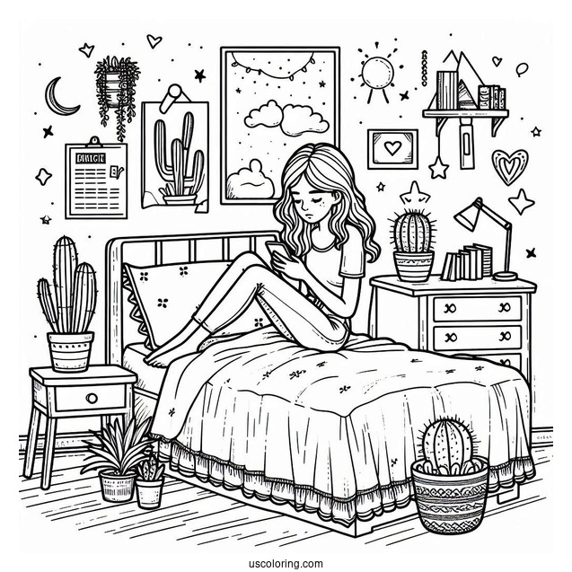 Bedroom Coloring Page Girl Texting On Her Bed Surrounded By Posters And Cactus