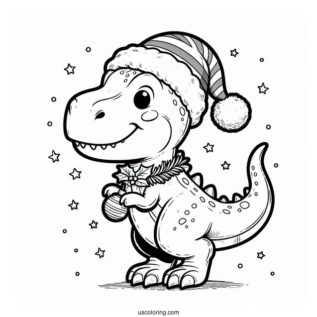 Christmas Themed T-Rex With Santa Hat To Color