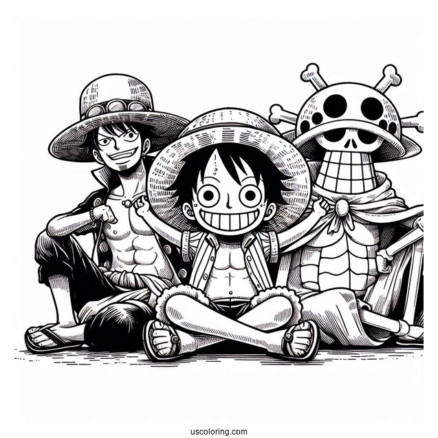 One Piece Coloring Page Of Straw Hat Pirate With Jimbei, Franky, And Brook