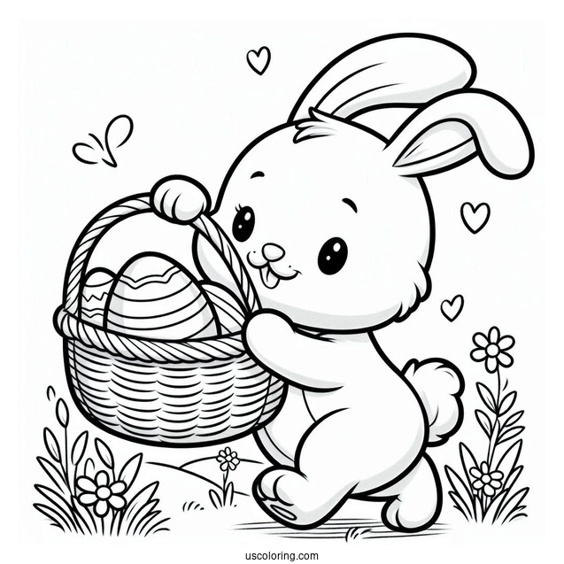 Easter Bunny Coloring Page Cartoon Carrying Basket Of Eggs