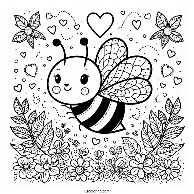 Adorable Bee Coloring Page With Love Heart And Floral Background