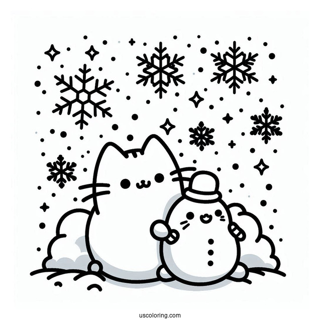 Snowflake Coloring Page Falling On Pusheen, Stormy, And Snowman