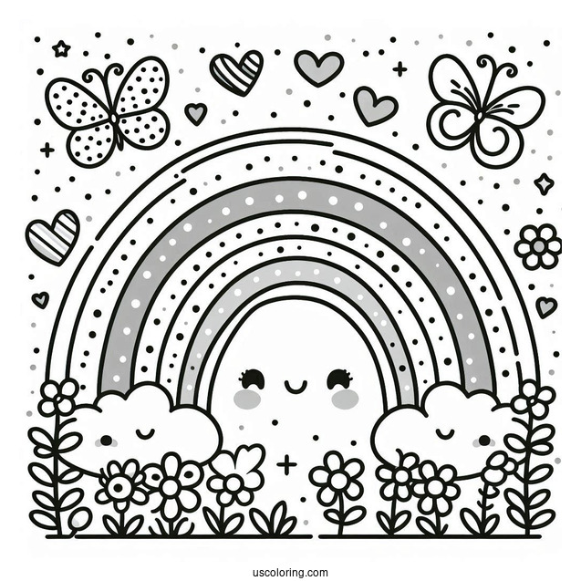 Kawaii Polka Dot Rainbow Coloring Page With Clouds, Flowers, And Butterflies For Kids
