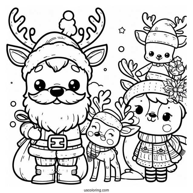 Easy Santa And His Reindeer To Color For Preschoolers