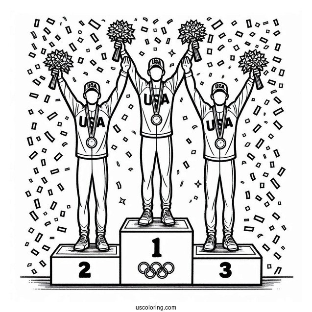 USA Olympics Coloring Page Champions On Tri level Podium With Confetti