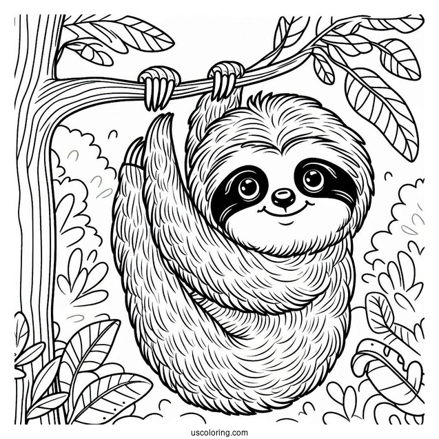 Cute Sloth Hanging From Tree To Color For Kids